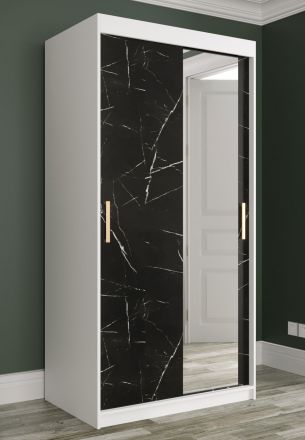 Kleiderschrank mit Spiegeltür Ätna 75, Farbe: Weiß matt / Schwarzer Marmor - Abmessungen: 200 x 100 x 62 cm (H x B x T), mit fünf Fächern