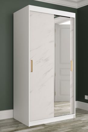 Eleganter Kleiderschrank mit Spiegeltür Ätna 76, Farbe: Weiß matt / Weißer Marmor - Abmessungen: 200 x 100 x 62 cm (H x B x T), mit genügend Stauraum