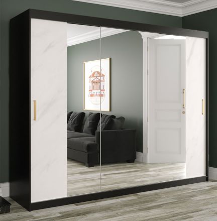 Außergewöhnlicher Kleiderschrank Ätna 94, Farbe: Schwarz matt / Weißer Marmor - Abmessungen: 200 x 250 x 62 cm (H x B x T), mit Spiegel