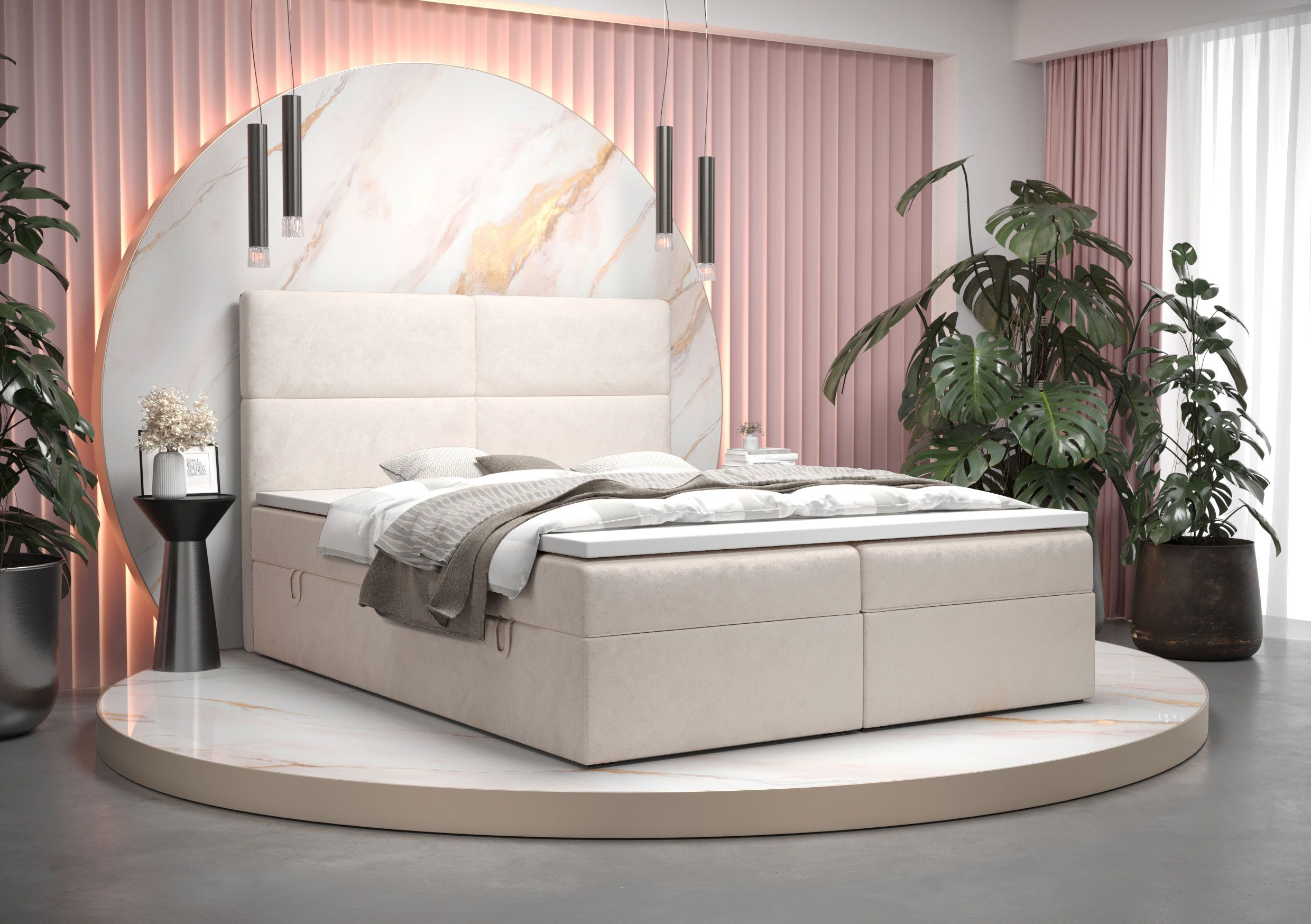 Doppelbett mit weichen Veloursstoff Pirin 41, Farbe: Beige - Liegefläche: 180 x 200 cm (B x L)