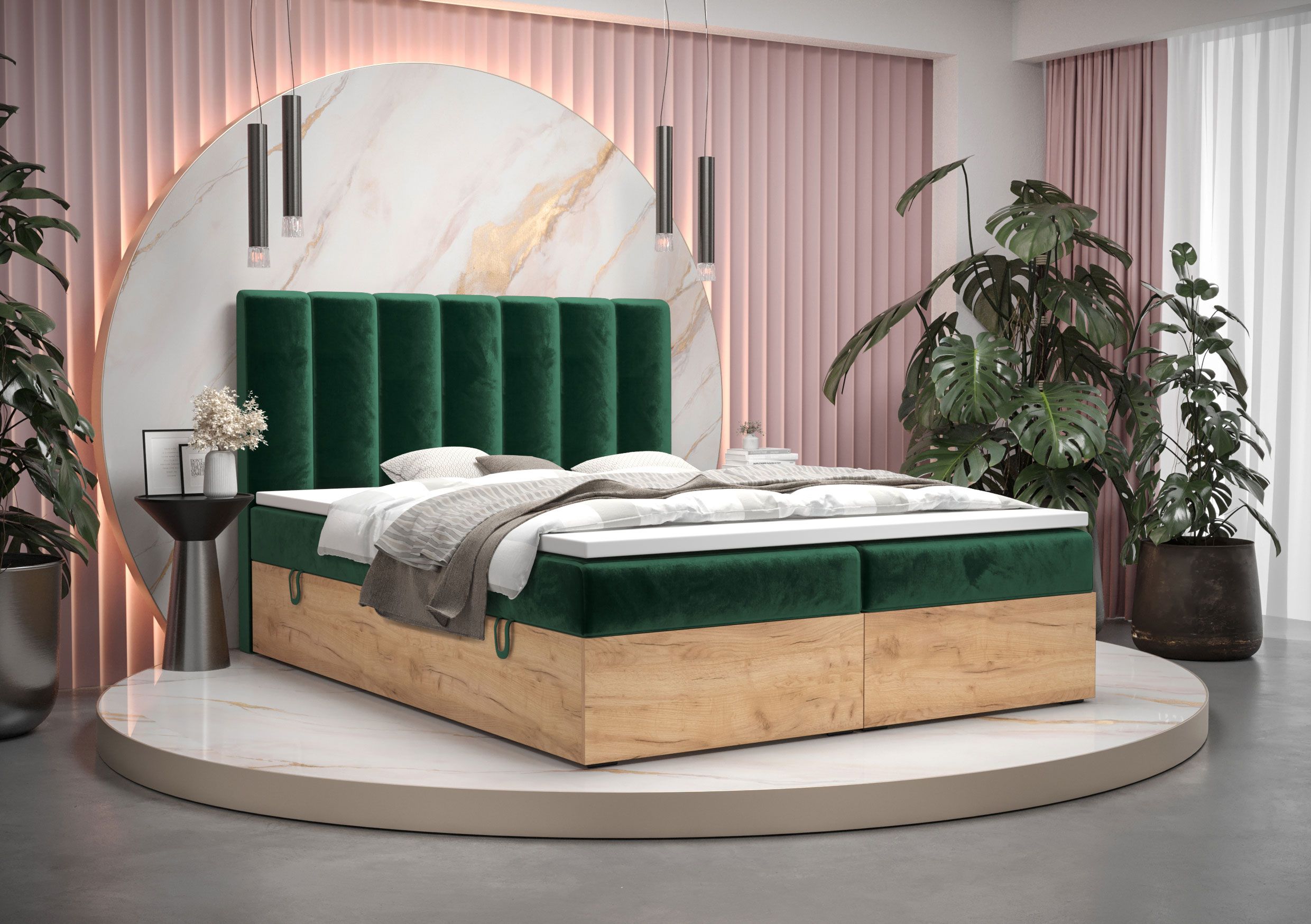 Außergewöhnliches Doppelbett Pilio 08, Farbe: Grün / Eiche Golden Craft - Liegefläche: 160 x 200 cm (B x L)