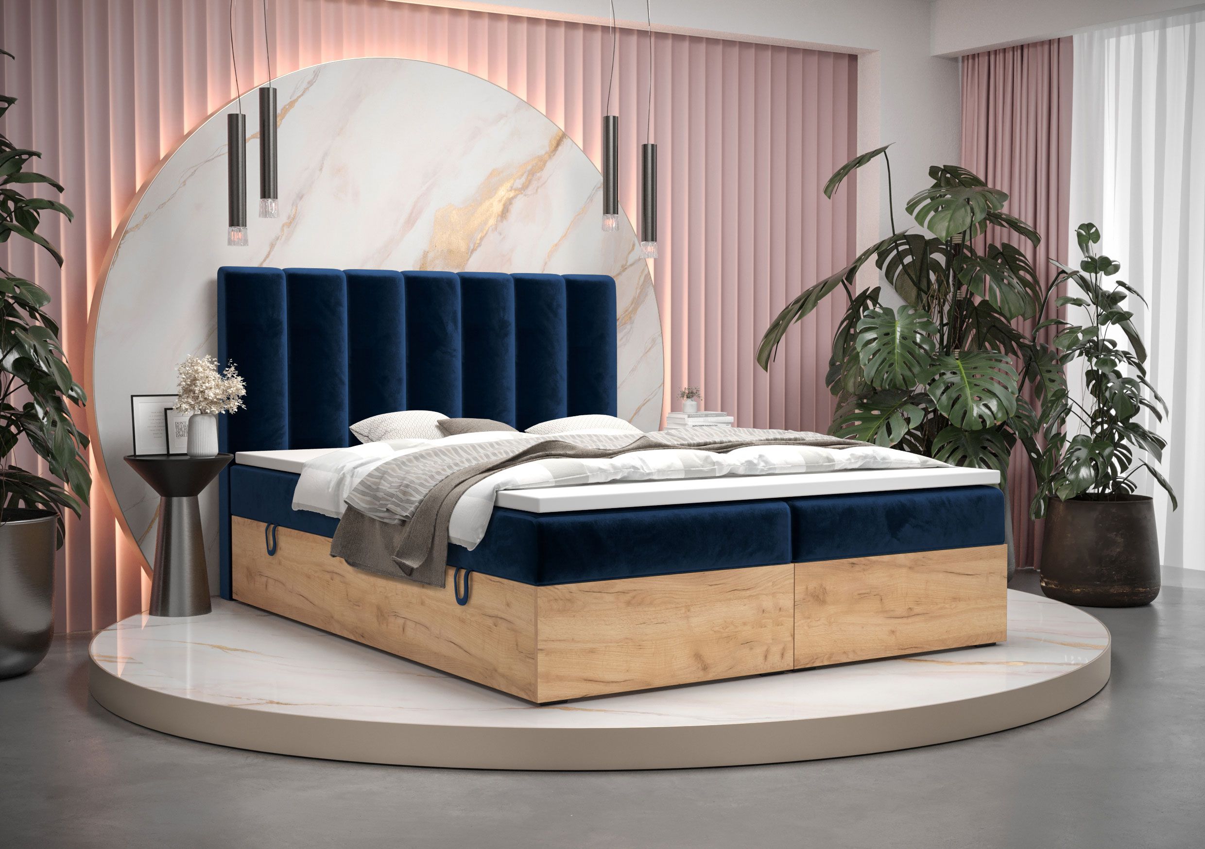 Doppelbett mit weichen Veloursstoff Pilio 15, Farbe: Blau / Eiche Golden Craft - Liegefläche: 180 x 200 cm (B x L)