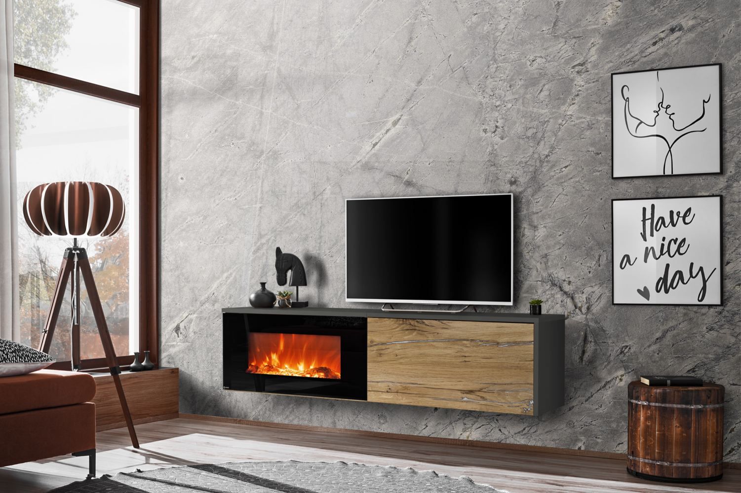 TV-Unterschrank im modernen Stil Bjordal 20, Farbe: Eiche Flagstaff / Anthrazit - Abmessungen: 45 x 180 x 40 cm (H x B x T), mit Elektrokamin