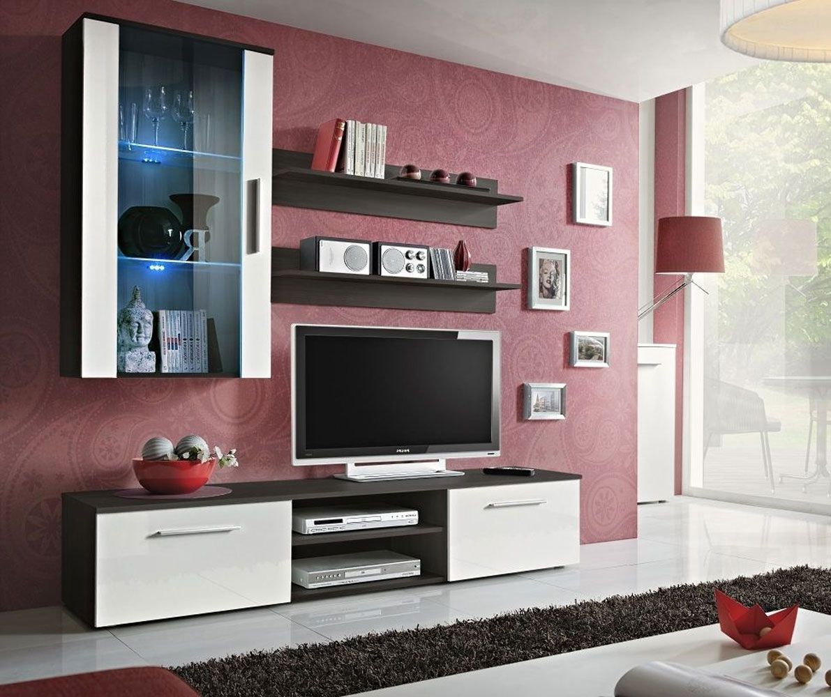 Außergewöhnliche Wohnzimmer Wohnwand Elgane 11, Farbe: Weiß / Schwarz - Abmessungen: 190 x 180 x 45 cm (H x B x T), mit zwei Wandregale