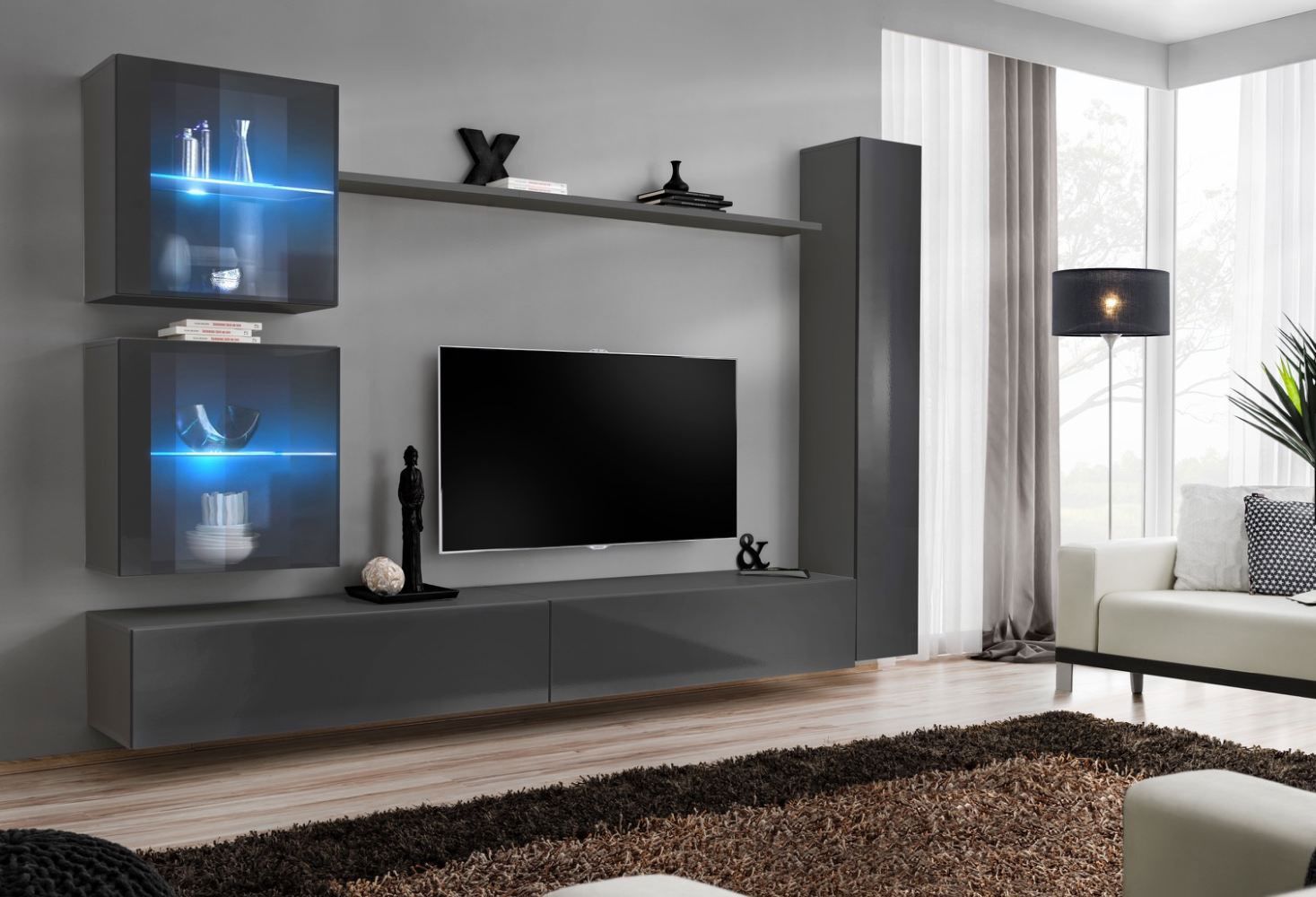 Moderne Wohnwand Balestrand 275, Farbe: Grau - Abmessungen: 180 x 280 x 40 cm (H x B x T), mit LED-Beleuchtung