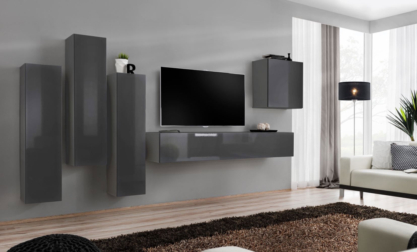 Moderne Wohnwand Balestrand 35, Farbe: Grau - Abmessungen: 160 x 330 x 40 cm (H x B x T), mit genügend Stauraum