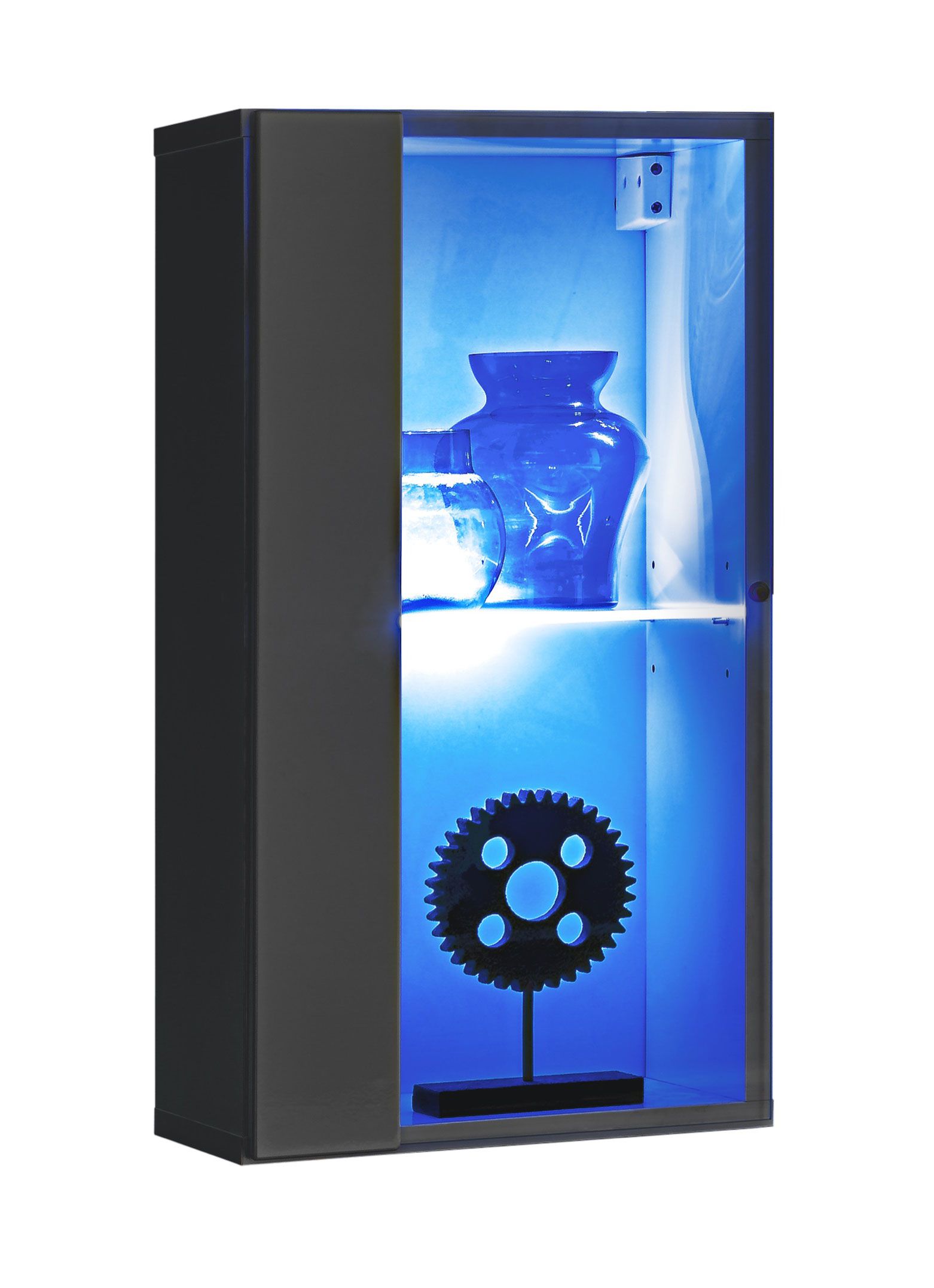 Stylische Hängevitrine mit LED-Beleuchtung Möllen 11, Farbe: Grau - Abmessungen: 60 x 30 x 25 cm (H x B x T), mit Push-to-open Funktion