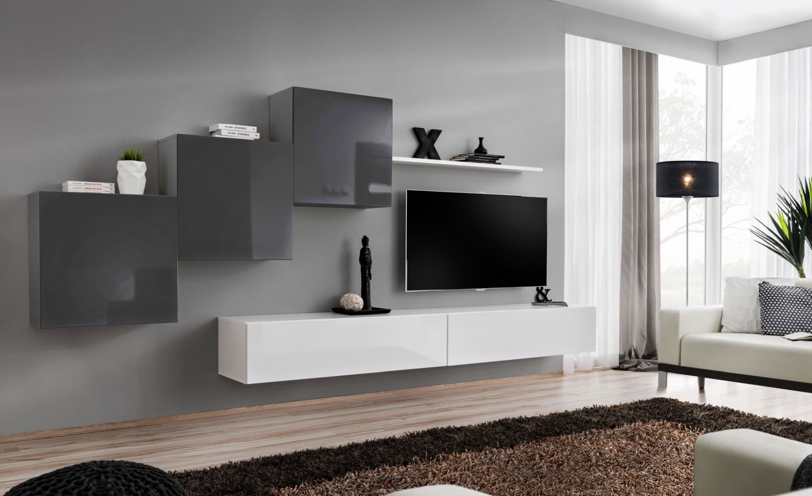 Moderne Wohnwand Balestrand 152, Farbe: Grau / Weiß - Abmessungen: 150 x 330 x 40 cm (H x B x T), mit 10 Fächern