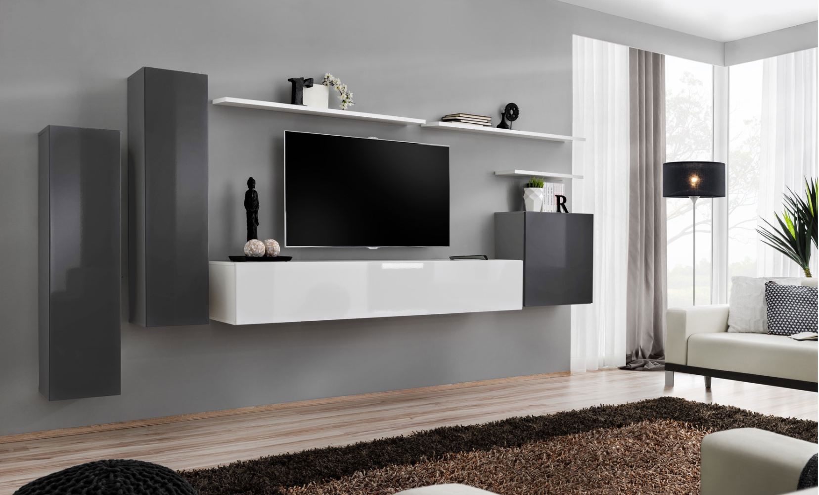 Moderne Wohnwand Balestrand 08, Farbe: Grau / Weiß - Abmessungen: 160 x 330 x 40 cm (H x B x T), mit Push-to-open Funktion