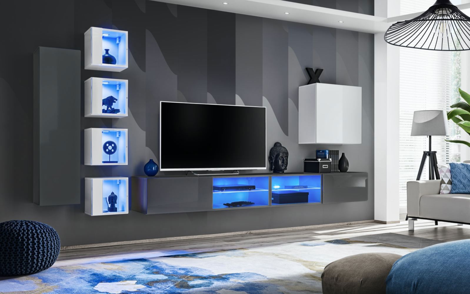 Elegante Wohnzimmerwand Volleberg 88, Farbe: Grau / Weiß - Abmessungen: 150 x 280 x 40 cm (H x B x T), mit blauer LED-Beleuchtung
