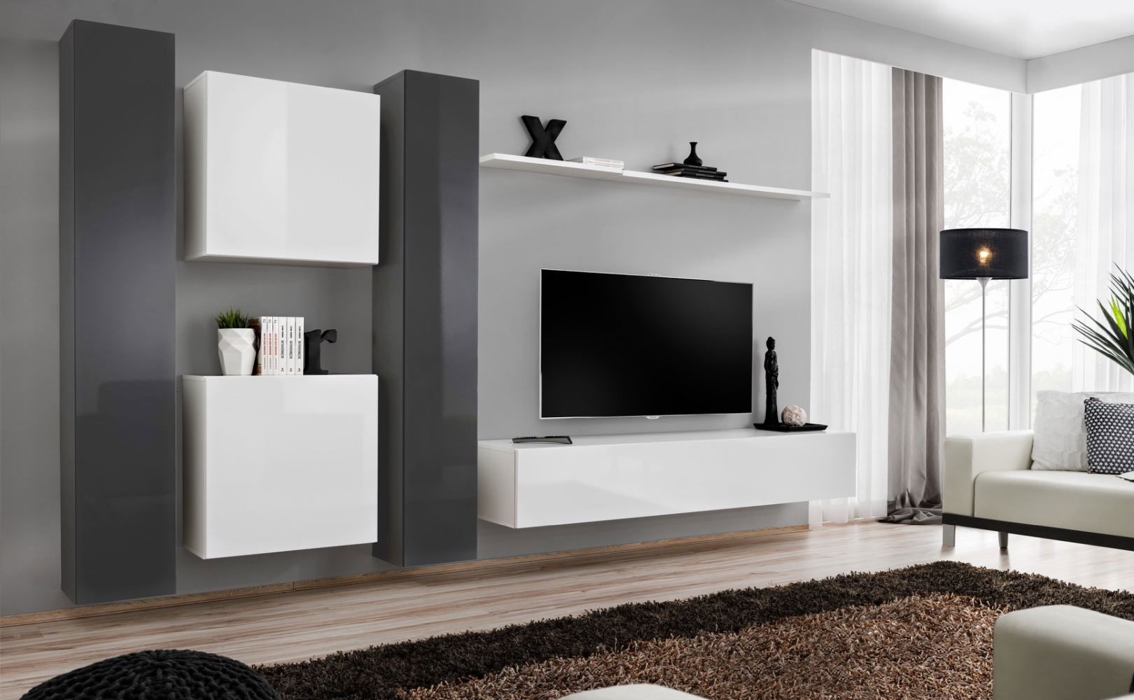 Wohnwand mit genügend Stauraum Balestrand 88, Farbe: Grau / Weiß - Abmessungen: 180 x 330 x 40 cm (H x B x T), mit Push-to-open Funktion