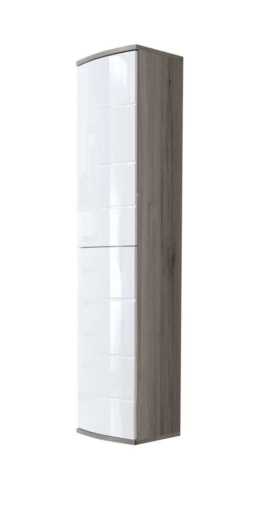 Großer Schrank Nese 03, Farbe: Weiß Hochglanz / Eiche San Remo - Abmessungen: 184 x 50 x 35 cm (H x B x T), mit Push-to-open Funktion