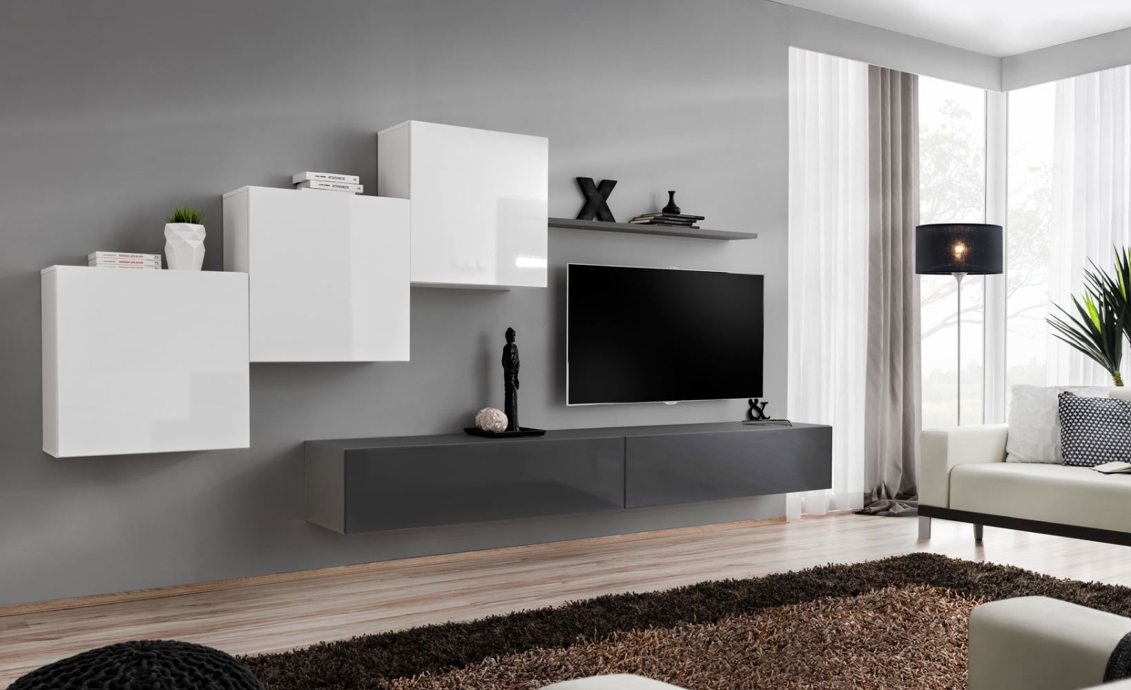 Wohnwand im eleganten Design Balestrand 151, Farbe: Weiß / Grau - Abmessungen: 150 x 330 x 40 cm (H x B x T), mit genügend Stauraum