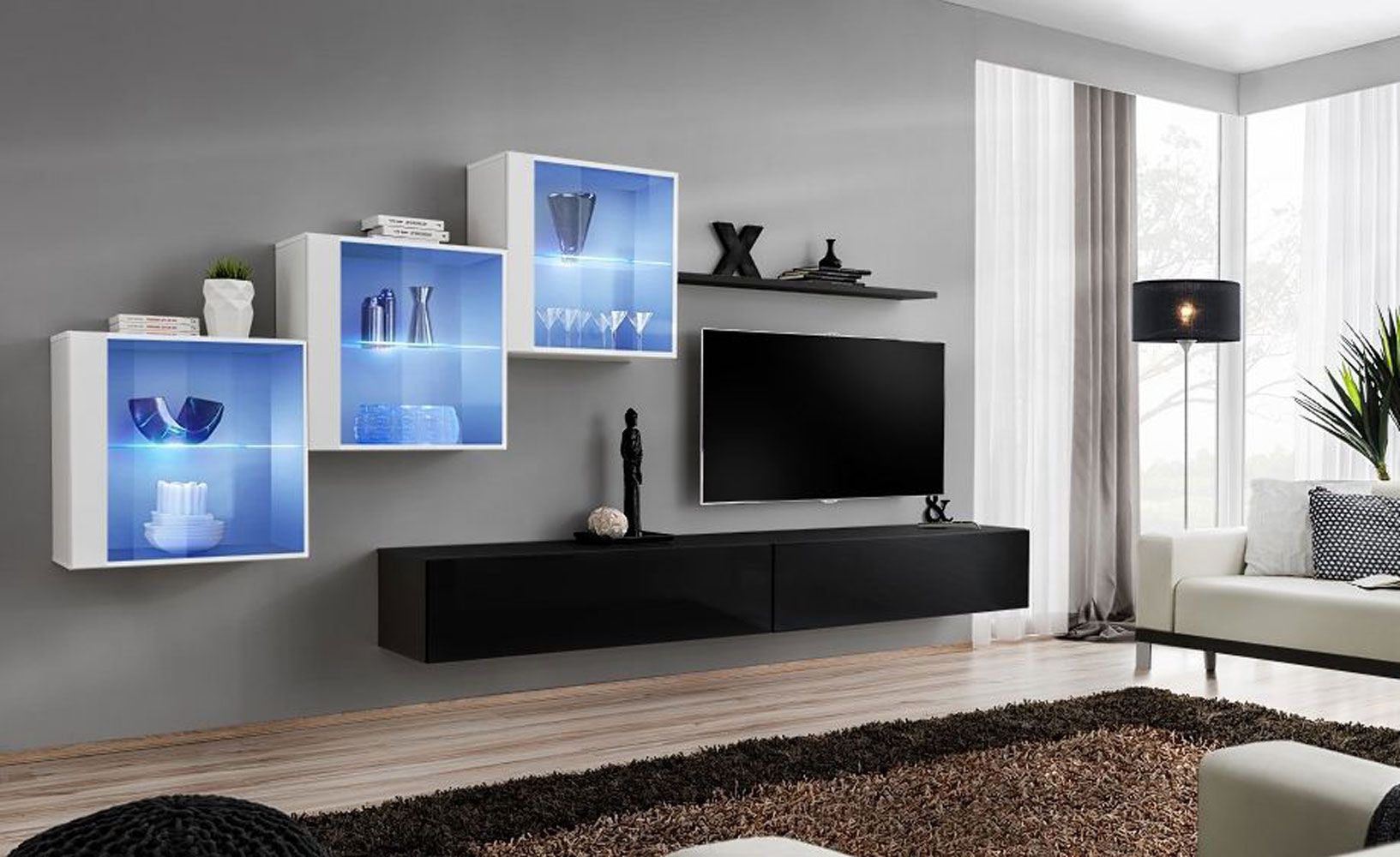 Elegante Wohnwand Balestrand 309, Farbe: Weiß / Schwarz - Abmessungen: 150 x 330 x 40 cm (H x B x T), mit fünf Türen