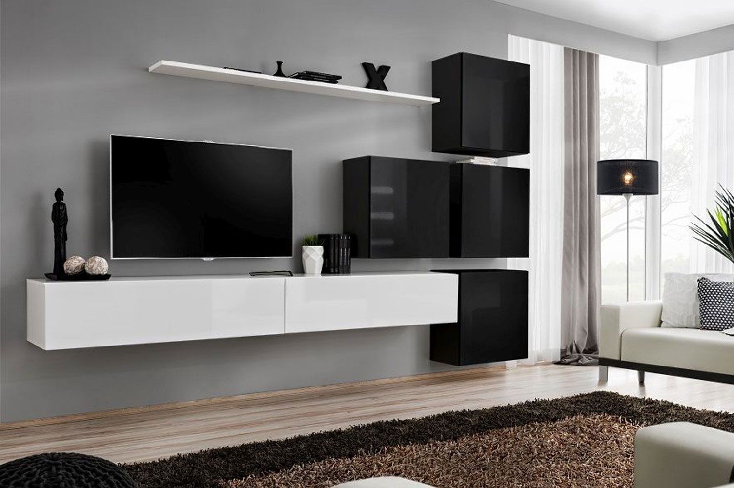 Wohnwand im außergewöhnlichen Design Balestrand 133, Farbe: Weiß / Schwarz - Abmessungen: 200 x 310 x 40 cm (H x B x T), mit sechs Türen