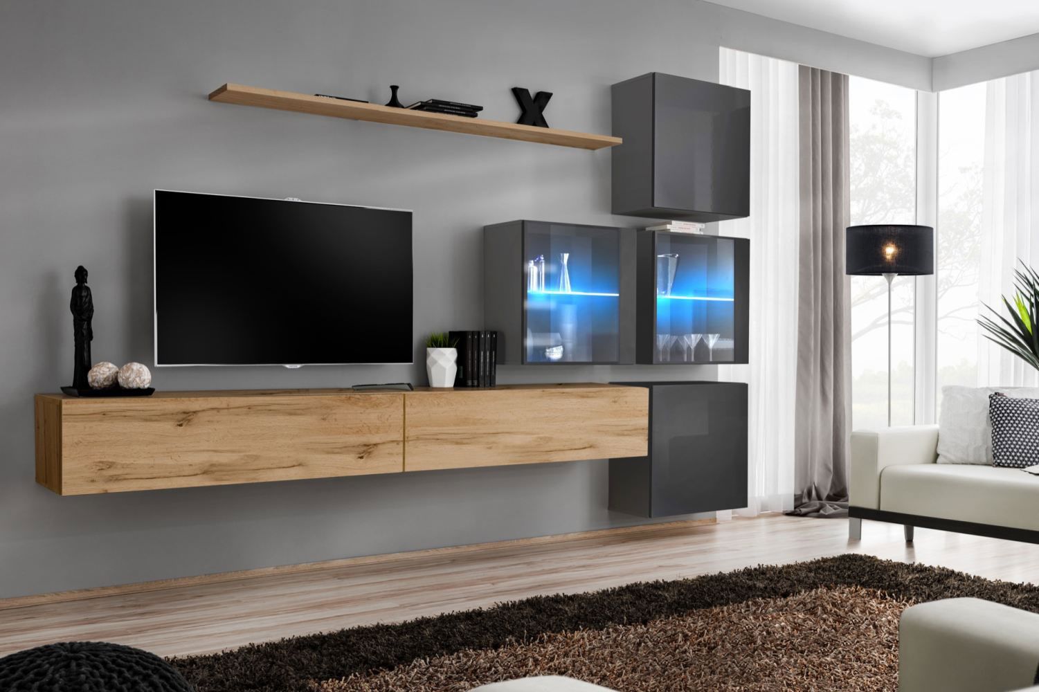 Wohnwand mit zwei TV-Unterschränken Balestrand 303, Farbe: Eiche Wotan / Grau - Abmessungen: 200 x 310 x 40 cm (H x B x T), mit Push-to-open Funktion