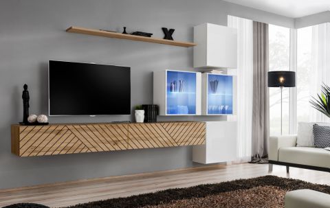Wohnwand mit modernen Design Kongsvinger 109, Farbe: Eiche Wotan / Weiß Hochglanz - Abmessungen: 200 x 310 x 40 cm (H x B x T), mit LED-Beleuchtung