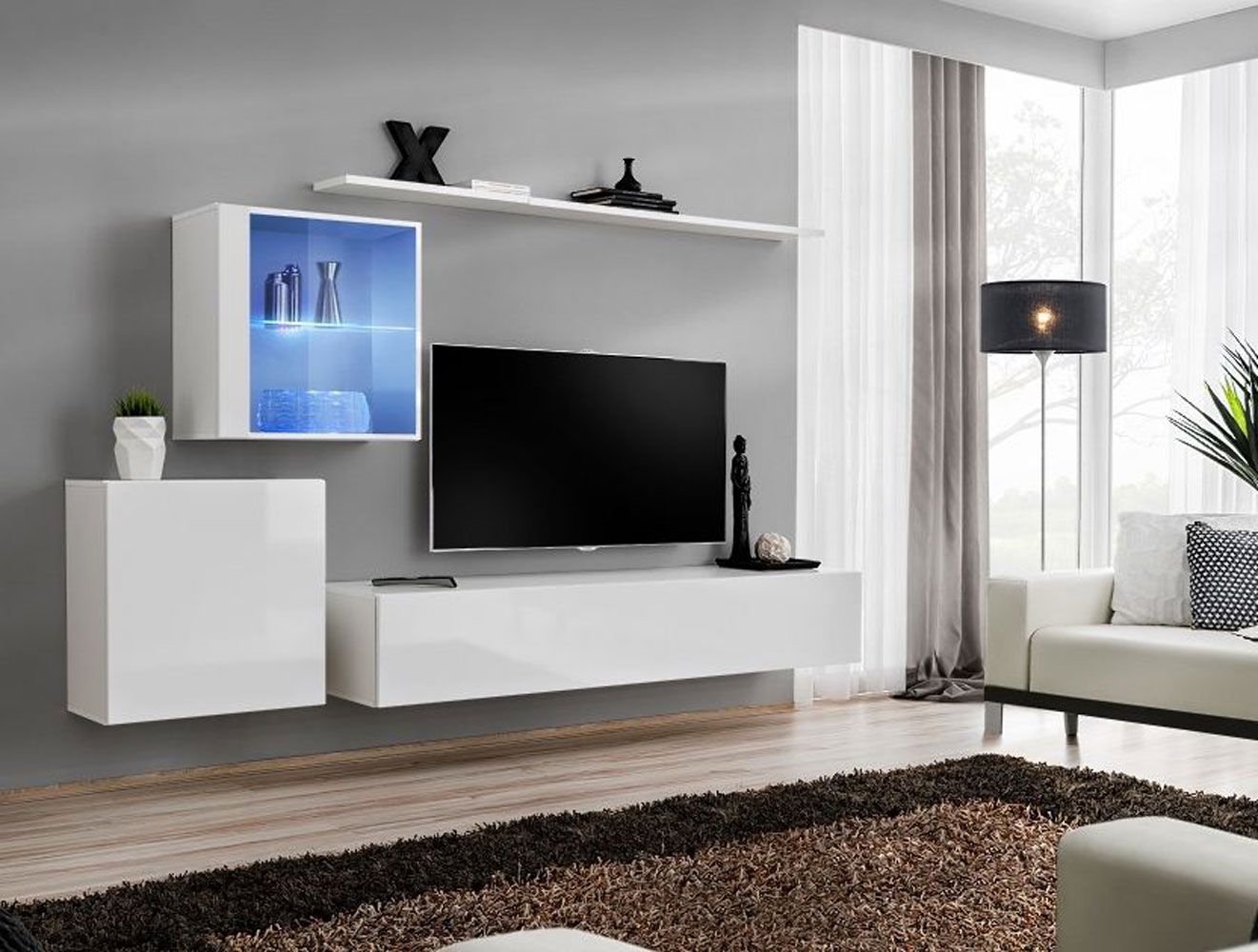 Schlichte Wohnwand Balestrand 225, Farbe: Weiß - Abmessungen: 150 x 250 x 40 cm (H x B x T), mit LED-Beleuchtung