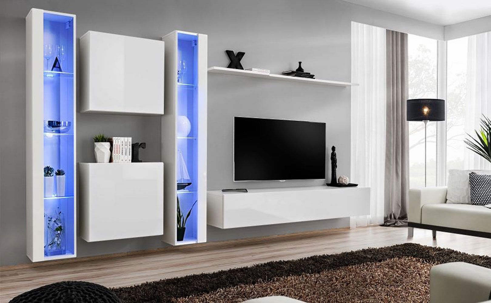 Moderne Wohnwand Balestrand 241, Farbe: Weiß - Abmessungen: 180 x 330 x 40 cm (H x B x T), mit fünf Türen
