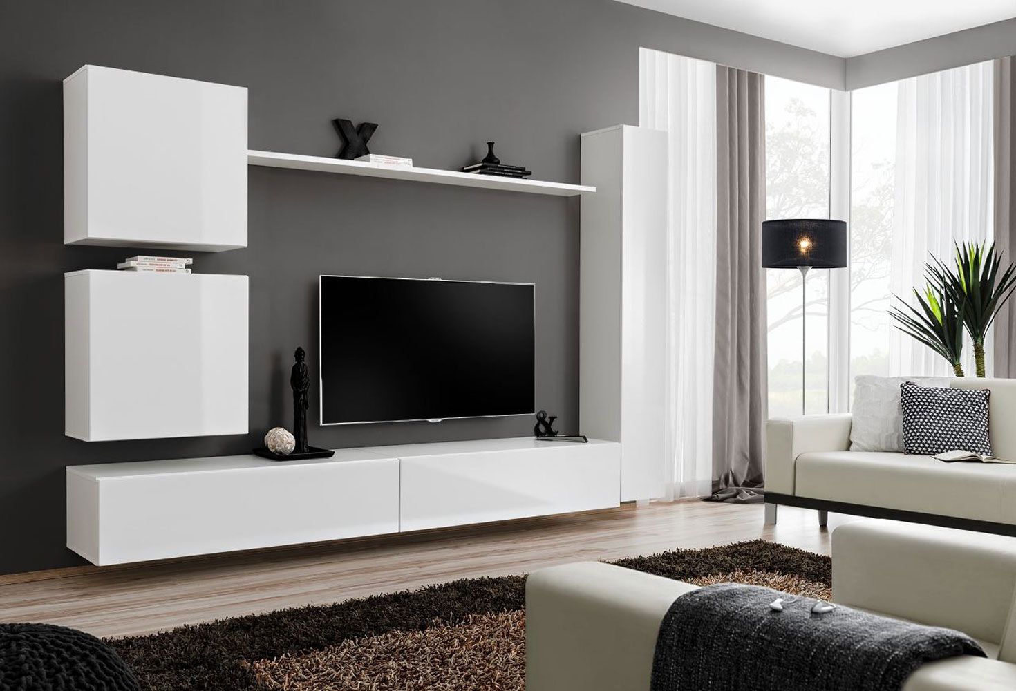 Wohnwand im eleganten Design Balestrand 113, Farbe: Weiß - Abmessungen: 180 x 280 x 40 cm (H x B x T), mit 16 Fächern