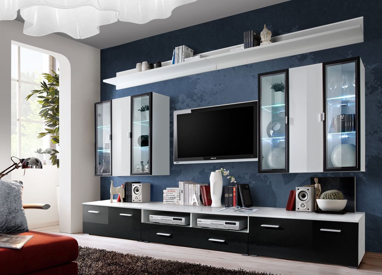 Wohnwand mit modernen Design Bjordal 52, Farbe: Schwarz Hochglanz / Weiß Hochglanz - Abmessungen: 190 x 300 x 45 cm (H x B x T), mit zwei Schubladen