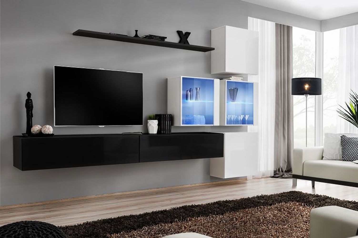 Wohnwand im eleganten Design Balestrand 294, Farbe: Schwarz / Weiß - Abmessungen: 200 x 310 x 40 cm (H x B x T), mit 10 Fächern