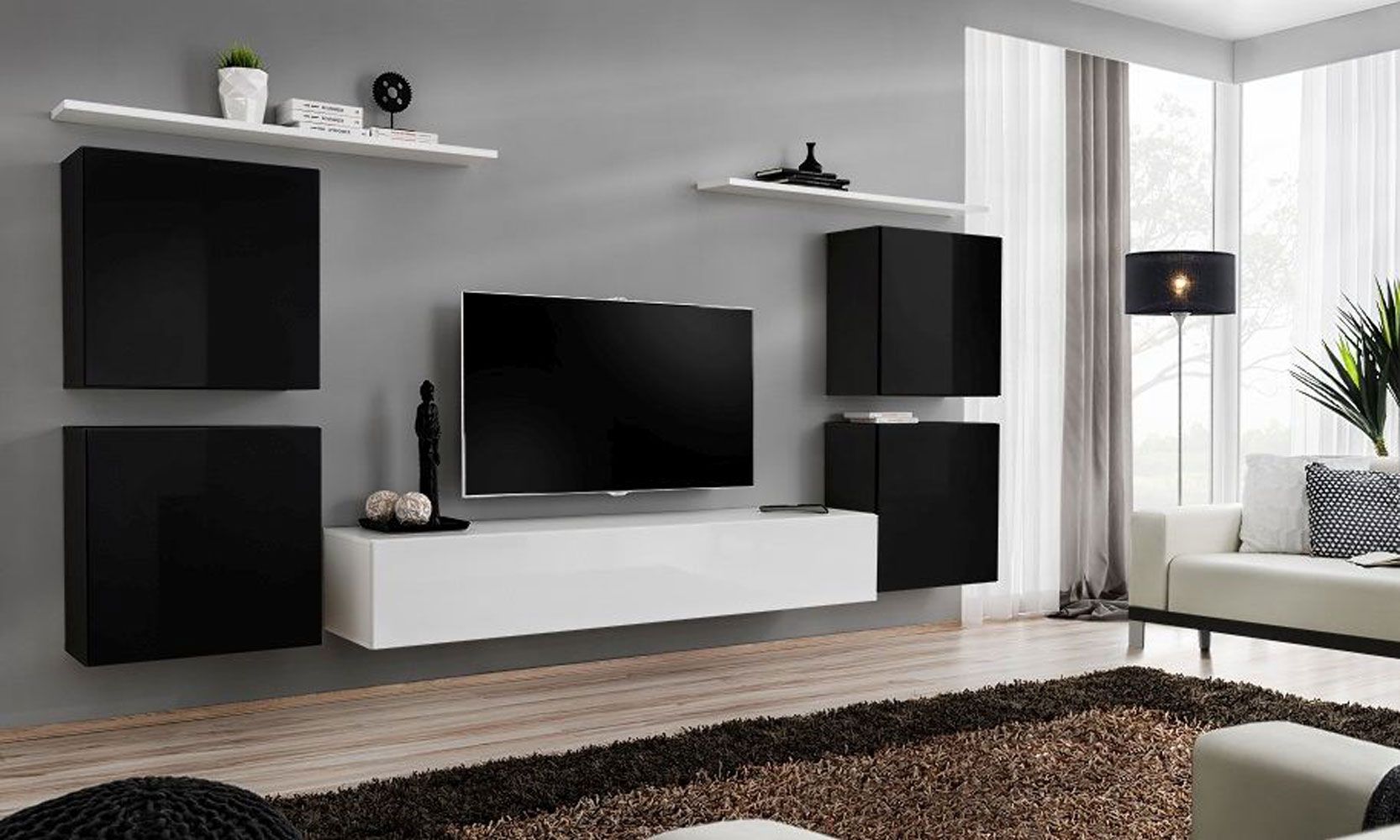 Wohnwand mit genügend Stauraum Balestrand 54, Farbe: Schwarz / Weiß - Abmessungen: 150 x 320 x 40 cm (H x B x T), mit fünf Türen