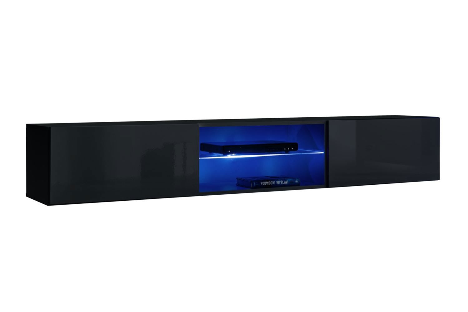 Moderner TV-Unterschrank mit zwei Türen Möllen 18, Farbe: Schwarz - Abmessungen: 30 x 180 x 40 cm (H x B x T), mit LED-Beleuchtung