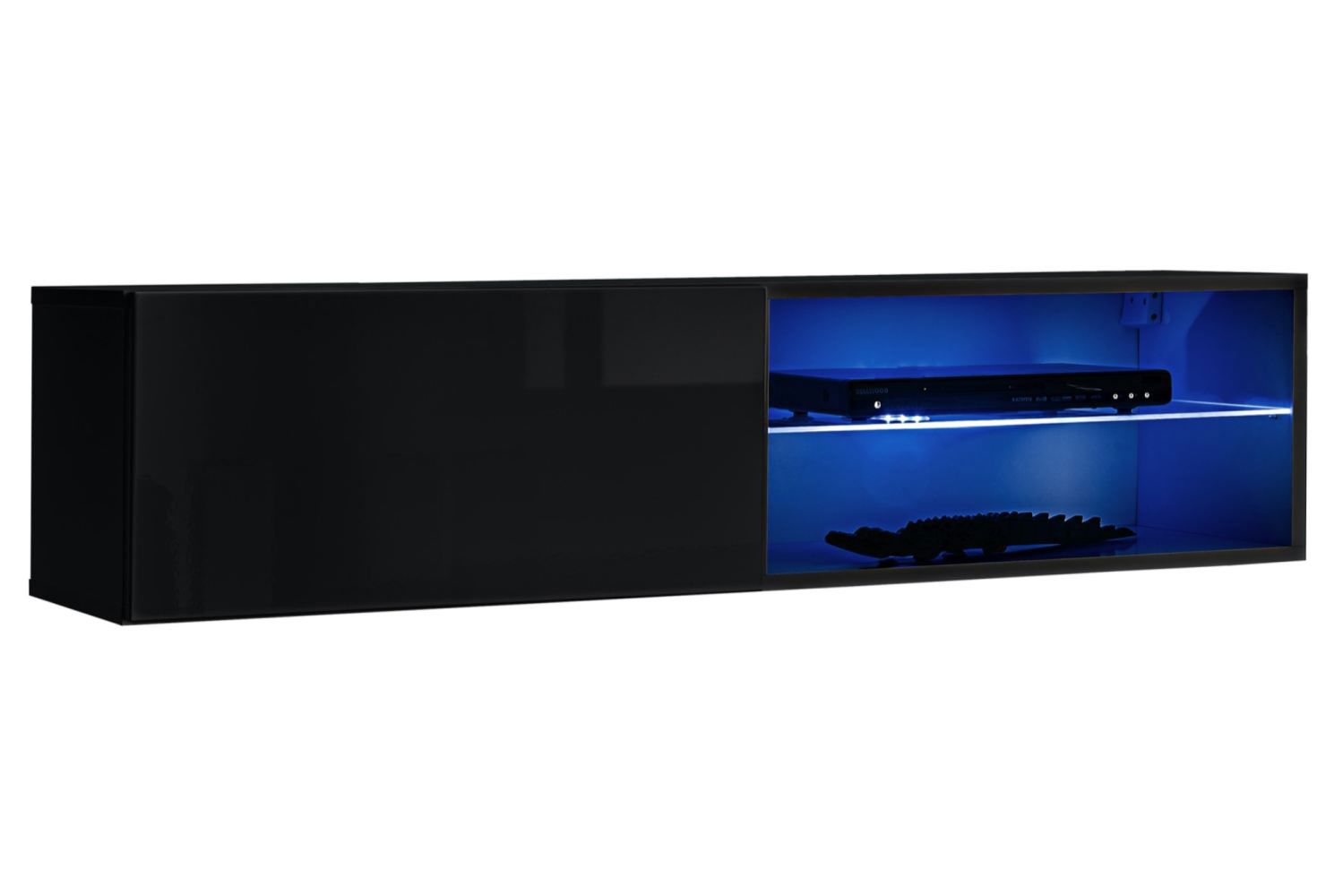 Schwarzer TV-Unterschrank mit blauer LED-Beleuchtung Möllen 22, Farbe: Schwarz - Abmessungen: 30 x 120 x 40 cm (H x B x T), mit Push-to-open Funktion