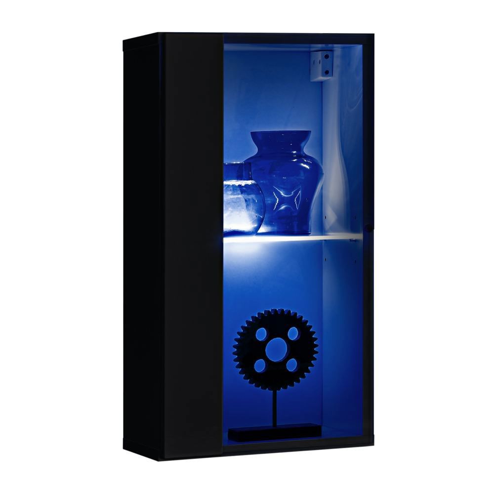 Schwarze Hängevitrine Möllen 10, Farbe: Schwarz - Abmessungen: 60 x 30 x 25 cm (H x B x T), mit blauer LED-Beleuchtung
