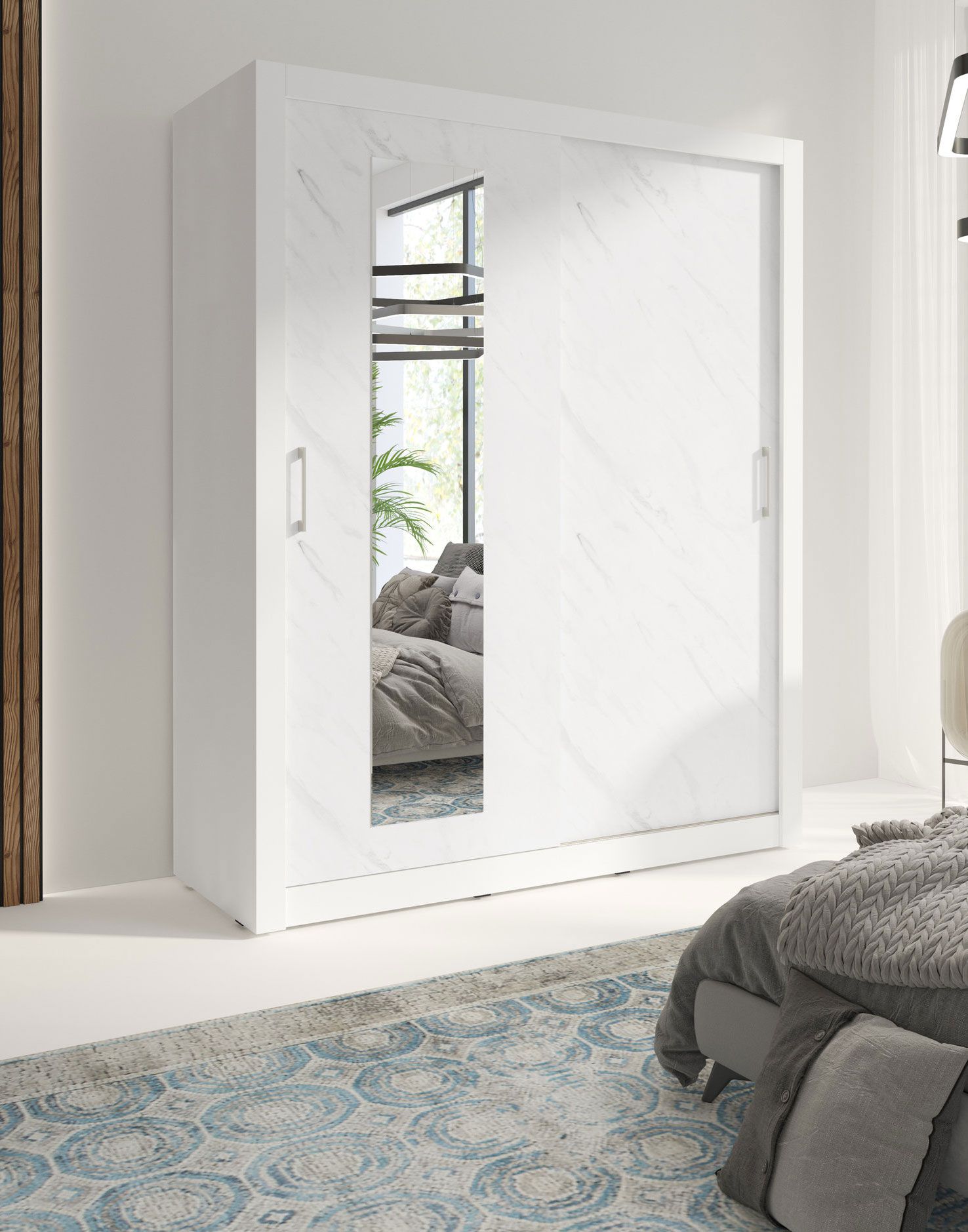 Kleiderschrank mit modernen Design Niel 25, Farbe: Weiß / Weißer Marmor - Abmessungen: 215 x 180 x 60 cm (H x B x T)