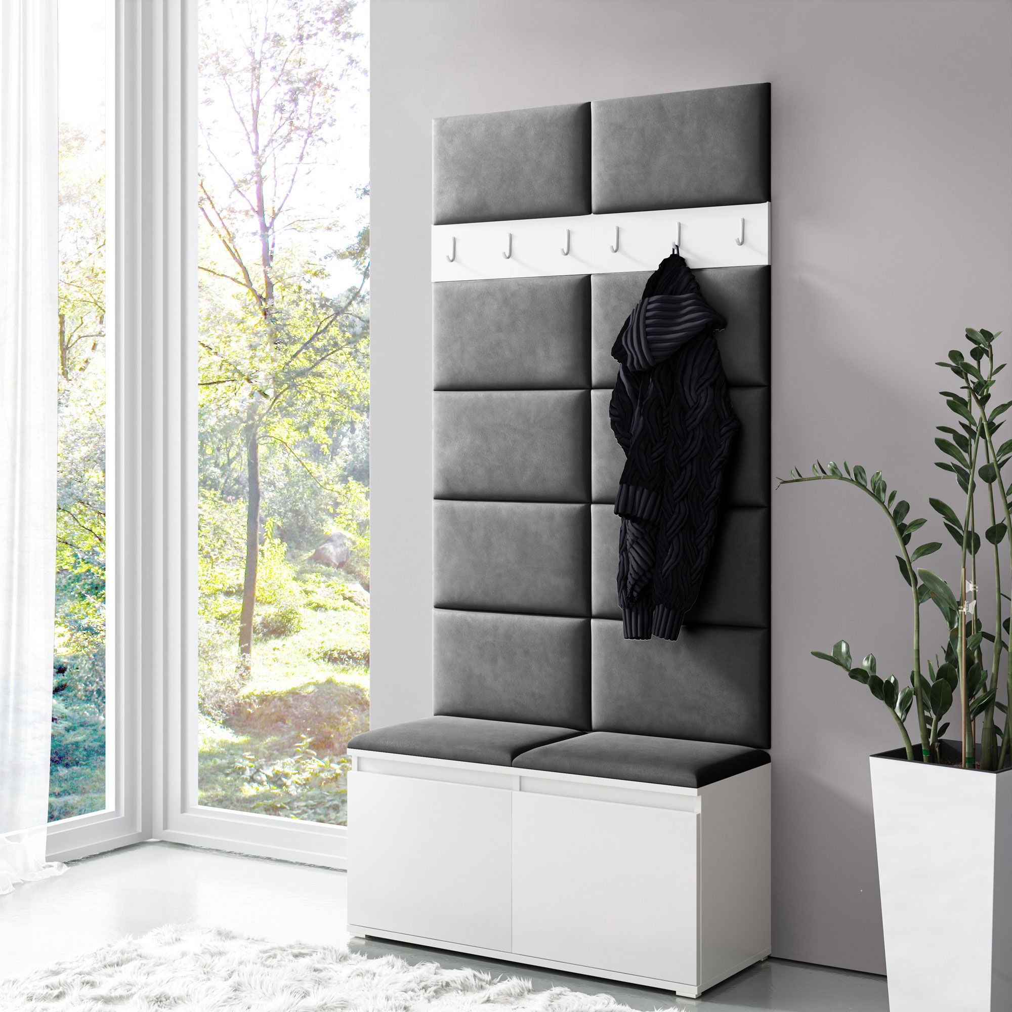 Schmale Ankleide / Garderobe 01 mit Sitzbank & Wand gepolstert, Weiß/Light Black, 215 x 100 x 40 cm, für 8 Paar Schuhe, 6 Kleiderhaken, 4 Fächer