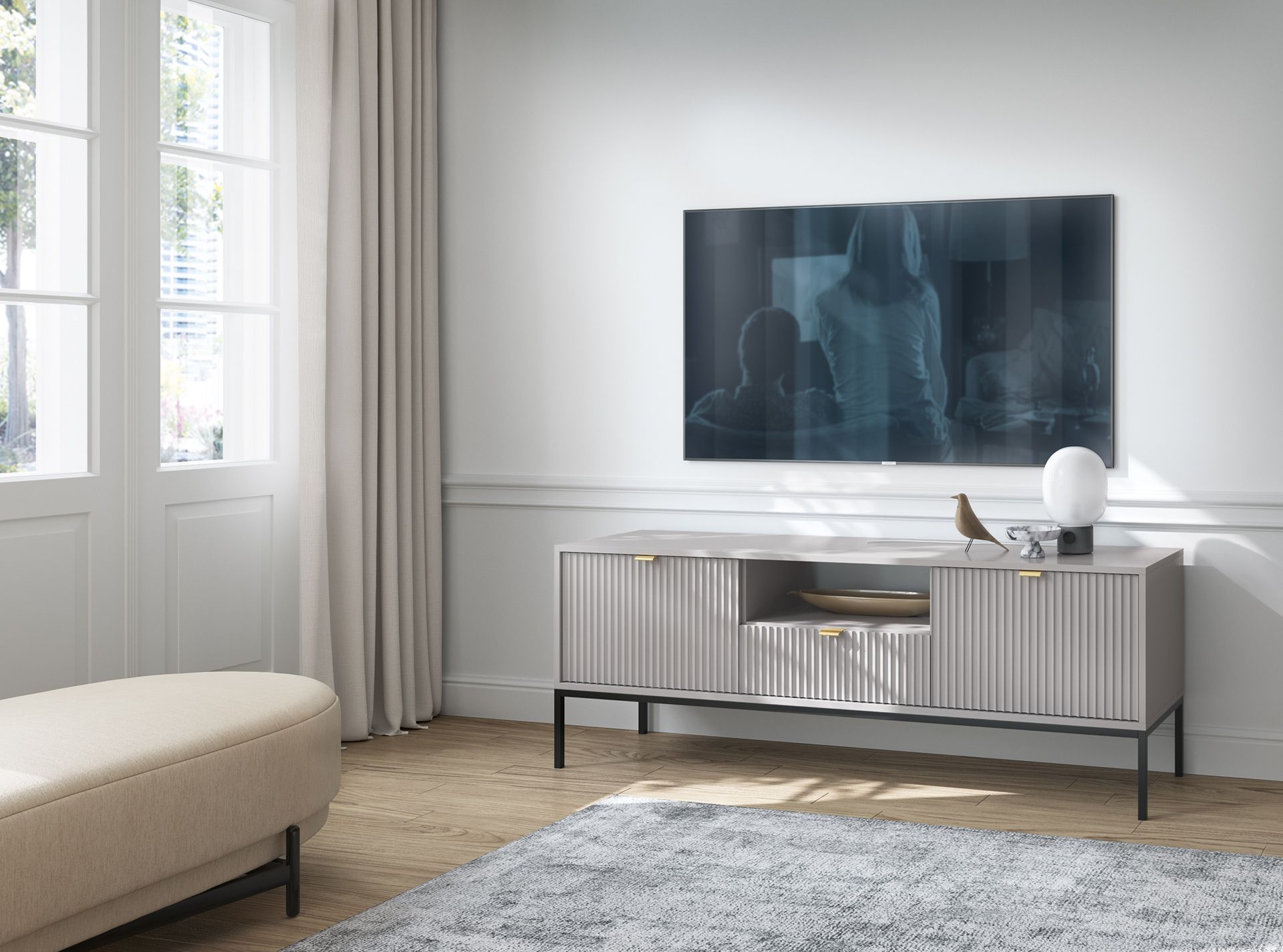 Moderner TV-Unterschrank Worthing 56, Farbe: Grau / Schwarz / Gold - Abmessungen: 56 x 154 x 39 cm (H x B x T)