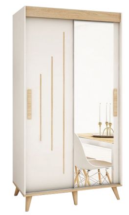 Schiebetürenschrank / Kleiderschrank Perdito 01M mit Spiegel, Farbe: Weiß matt / Buche - Abmessungen: 208 x 100,5 x 62 cm ( H x B x T)