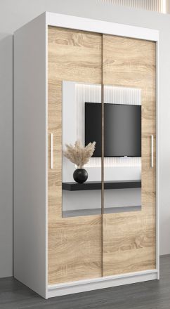 Schiebetürenschrank / Kleiderschrank Claveles 01 mit Spiegel, Farbe: Weiß matt / Eiche Sonoma - Abmessungen: 200 x 100 x 62 cm ( H x B x T)