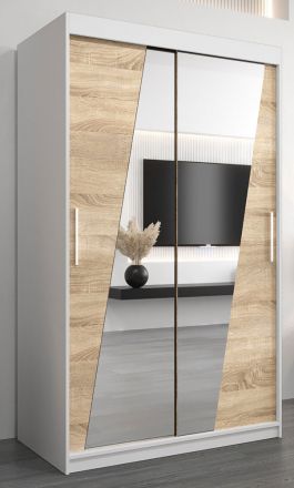 Schiebetürenschrank / Kleiderschrank Guajara 02 mit Spiegel, Farbe: Weiß matt / Eiche Sonoma - Abmessungen: 200 x 120 x 62 cm (H x B x T)