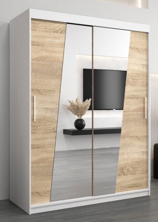 Schiebetürenschrank / Kleiderschrank Guajara 03 mit Spiegel, Farbe: Weiß matt / Eiche Sonoma - Abmessungen: 200 x 150 x 62 cm (H x B x T)