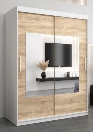 Schiebetürenschrank / Kleiderschrank Claveles 03 mit Spiegel, Farbe: Weiß matt / Eiche Sonoma - Abmessungen: 200 x 150 x 62 cm ( H x B x T)