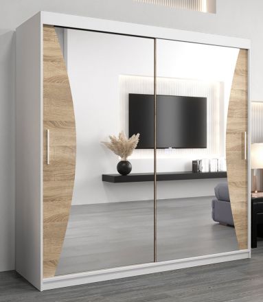 Schiebetürenschrank / Kleiderschrank Serbota 05 mit Spiegel, Farbe: Weiß matt / Eiche Sonoma - Abmessungen: 200 x 200 x 62 cm (H x B x T)