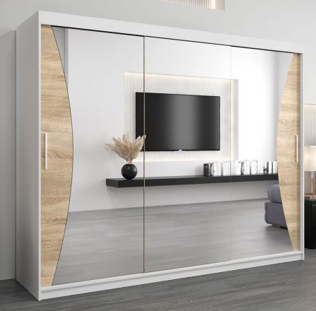 Schiebetürenschrank / Kleiderschrank Serbota 06 mit Spiegel, Farbe: Weiß matt / Eiche Sonoma - Abmessungen: 200 x 250 x 62 cm (H x B x T)