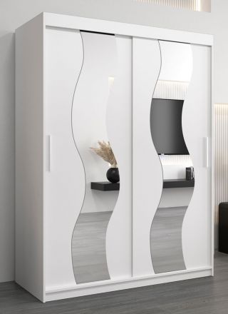 Schiebetürenschrank / Kleiderschrank Hacho 03 mit Spiegel, Farbe: Weiß matt - Abmessungen: 200 x 150 x 62 cm ( H x B x T)