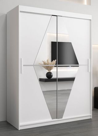 Schiebetürenschrank / Kleiderschrank Alphubel 03 mit Spiegel, Farbe: Weiß Matt - Abmessungen: 200 x 150 x 62 cm ( H x B x T)