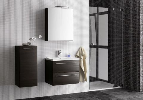Badezimmermöbel - Set D Rajkot, 3-teilig inkl. Waschtisch / Waschbecken, Farbe: Eiche Schwarz