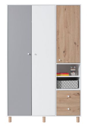 Jugendzimmer - Drehtürenschrank / Kleiderschrank Burdinne 01, Farbe: Weiß / Eiche / Grau - Abmessungen: 190 x 120 x 50 cm (H x B x T)