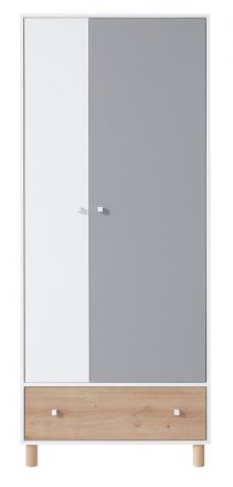 Jugendzimmer - Drehtürenschrank / Kleiderschrank Burdinne 03, Farbe: Weiß / Eiche / Grau - Abmessungen: 190 x 80 x 50 cm (H x B x T)