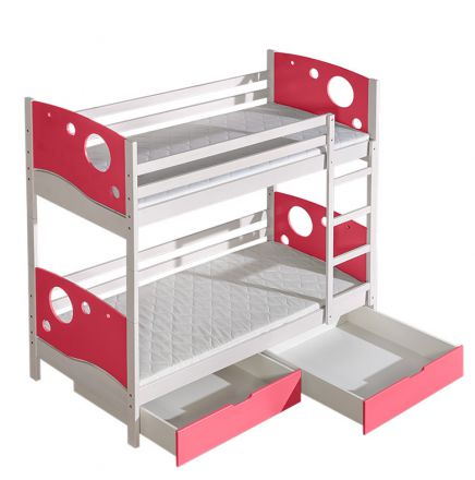 Kinderbett / Etagenbett Milo 27 inkl. 2 Schubladen, Farbe: Weiß / Rosa, teilmassiv, Liegefläche: 80 x 190 cm (B x L), teilbar