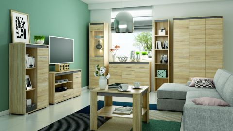 Wohnzimmer Komplett - Set C Mochis, 7-teilig, Farbe: Sonoma Eiche hell inklusive 3 Farbeinsätzen