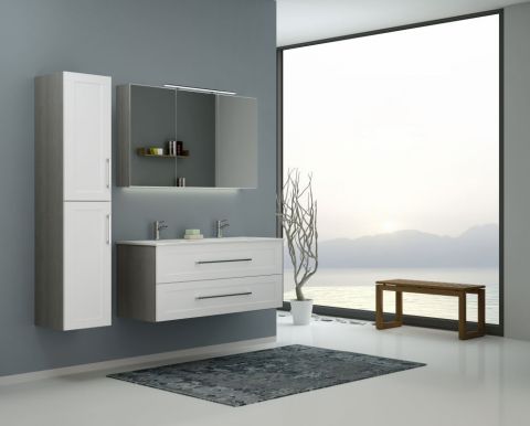 Badezimmermöbel - Set R Bengaluru, 3-teilig inkl. Waschtisch / Waschbecken, Farbe: Weiß matt / Esche Grau
