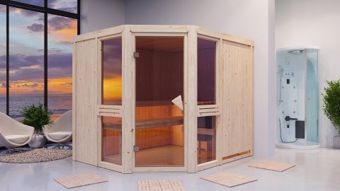 Sauna Alessia 03, 68 mm Wandstärke - 231 x 196 x 198 cm (B x T x H) - Ausführung:inkl. Ofen mit externer Steuerung