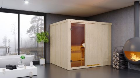 Sauna Sara 03, 68 mm Wandstärke - 231 x 196 x 198 cm (B x T x H) - Ausführung:inkl. Bio-Ofen mit externer Steuerung